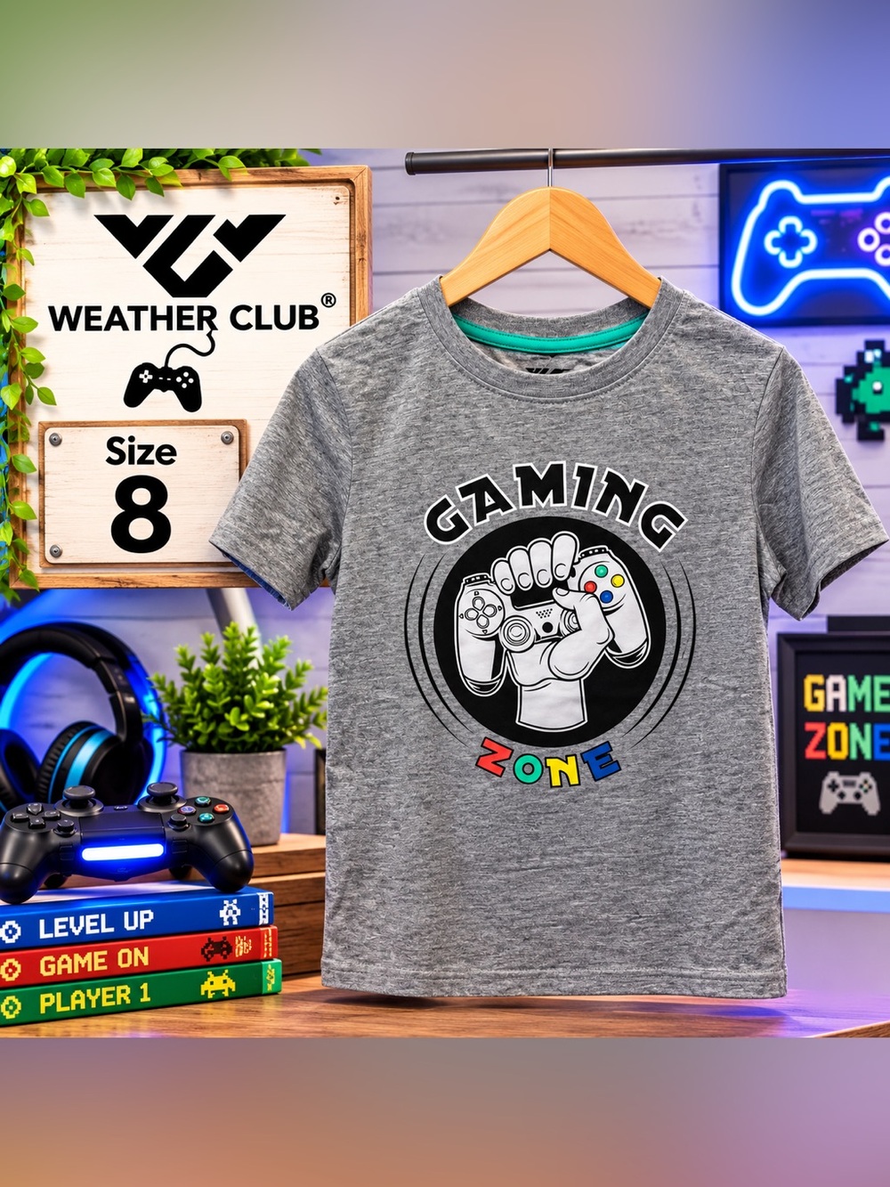 Weather Club Gaming Zone Graphic Tee Gray & Black Boys Size 8 New